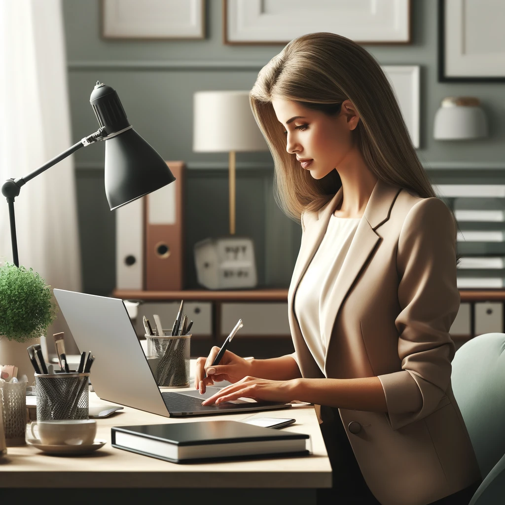 Mit KI erstelltes Bild. Prompt: Erstelle ein Bild, auf dem eine Frau am Schreibtisch sitzt und am Laptop arbeitet. Das ist auf dem Bild auch zu sehen.