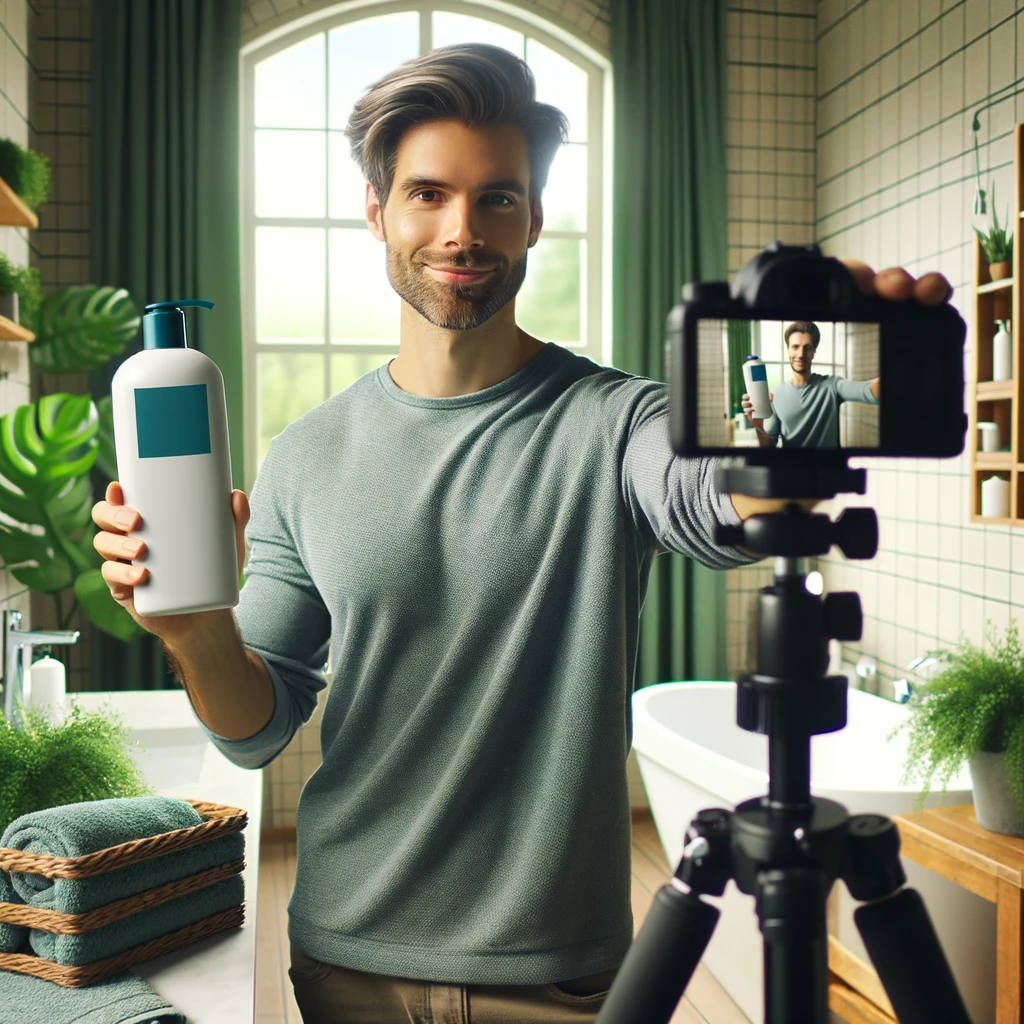 Mit KI erstelltes Bild. Prompt: Erstelle ein Bild, das zeigt, wie ein Influencer Content Produziert. Auf dem Bild ist ein Mann zu sehen, der eine Shampoo Flasche in der Hand hat und in die Kamera lächelt. Daneben steht ein Stativ mit einer Kamera, die das Ganze filmt.
